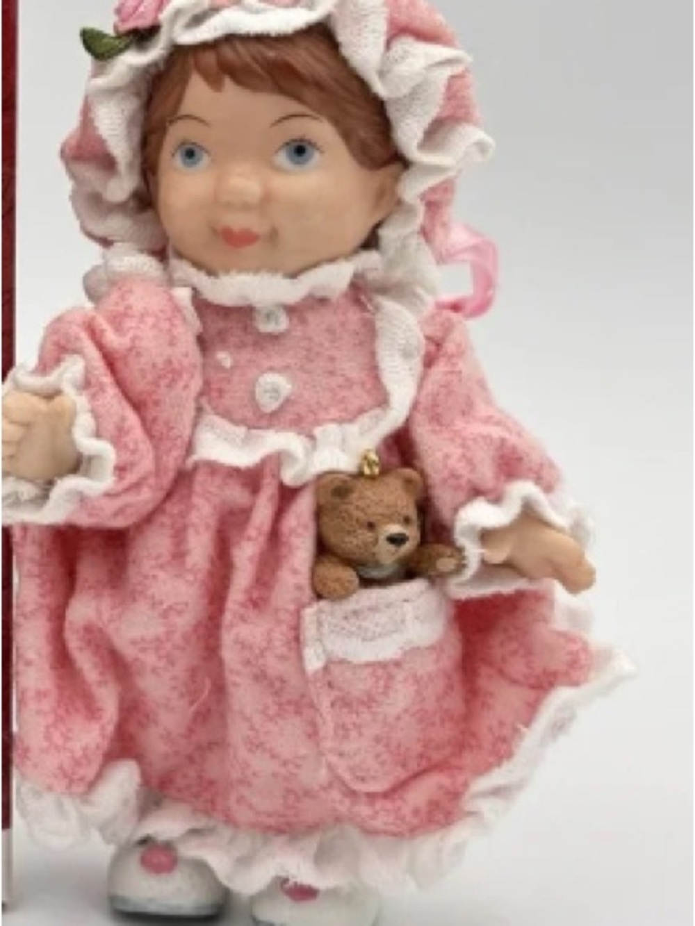Pink Frilly Porcelain Doll in Floral Dress with Teddy Accent